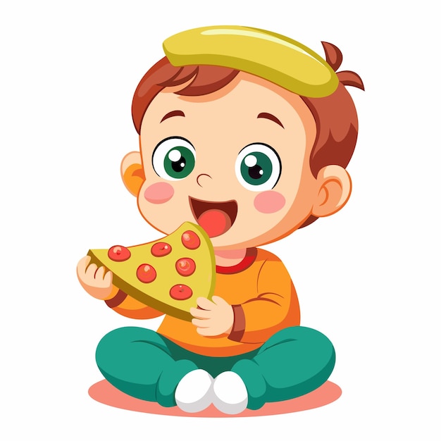 Vector, el bebé está comiendo pizza aislado.
