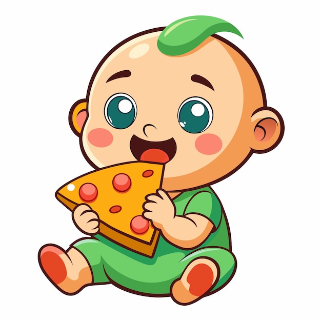 Vector, el bebé está comiendo pizza aislado.