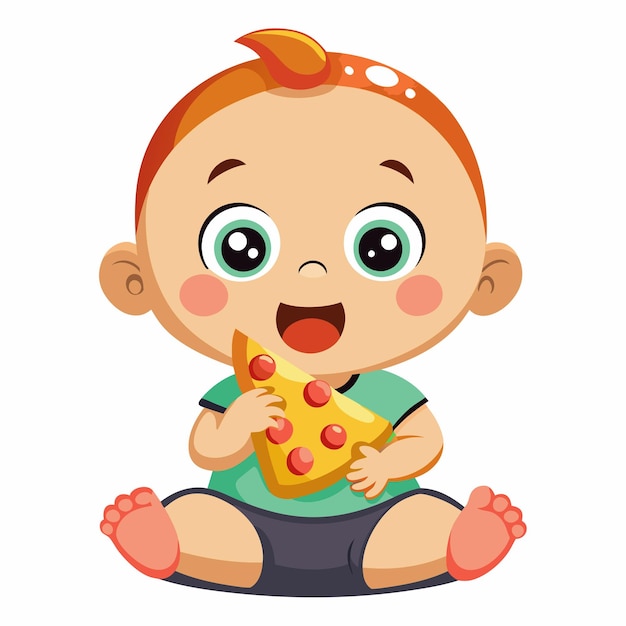Vector, el bebé está comiendo pizza aislado.