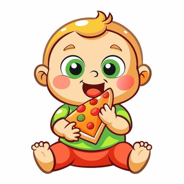 Vector, el bebé está comiendo pizza aislado.