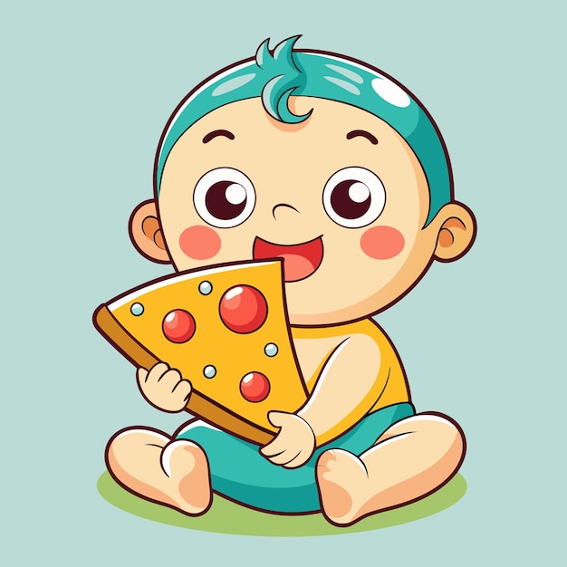 Vector, el bebé está comiendo pizza aislado.
