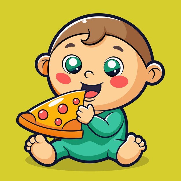 Vector, el bebé está comiendo pizza aislado.