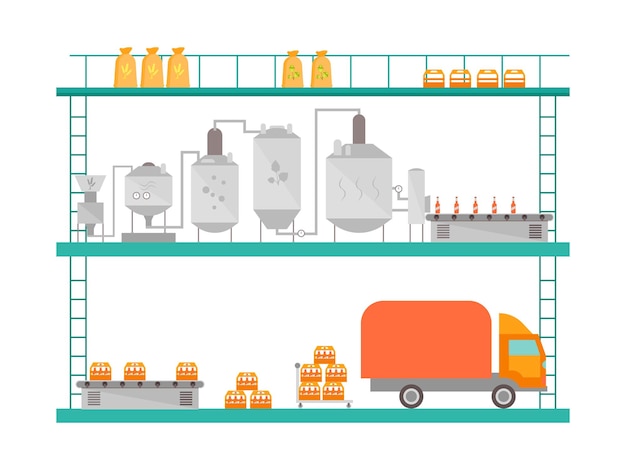 Vector de bebida de producción de proceso de elaboración de cerveza de dibujos animados