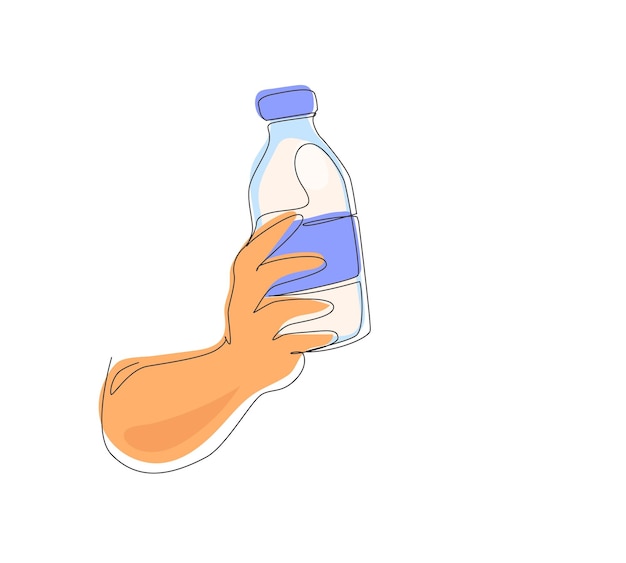 Vector de bebida saludable con una sola línea continua dibujando la mano sosteniendo la leche en el embalaje de vidrio de la botella.