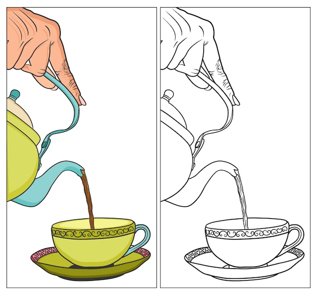 Vector de bebida de té dibujado a mano con dibujo lineal para llenar con colores. Verter té en una taza de té.