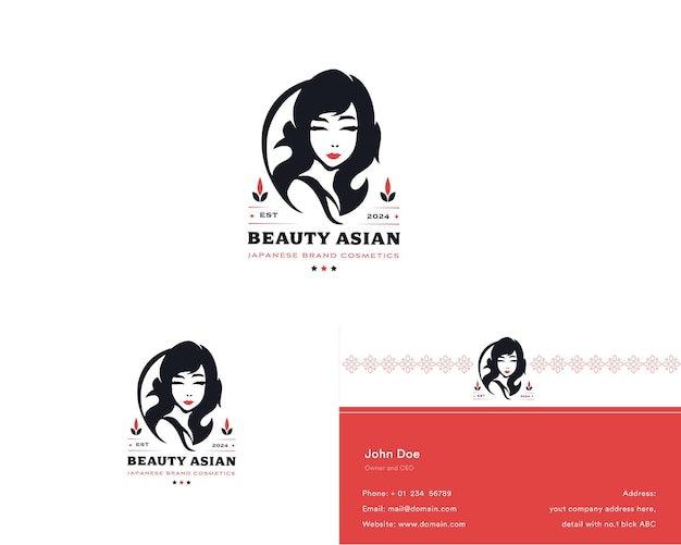 Vector belleza mujer asiática japonesa diseño de logotipo de salón para empresa con tarjeta de visita