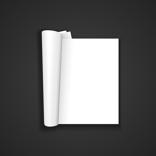 Vector blanco en blanco maqueta revista abierta de papel vertical, folleto desplegado, ilustración de folleto realista con diseño de plantilla de sombra aislado sobre fondo oscuro