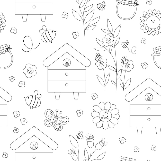 Vector blanco y negro apiario de patrones sin fisuras miel de granja haciendo repetición de fondo papel digital de línea de apicultura con flores de colmena girasol textura de la casa de abejas o página para colorearxa