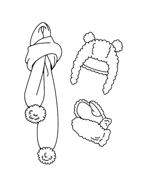 Vector blanco y negro conjunto de bufanda de sombrero de invierno con ponponomi y manoplas de piel
