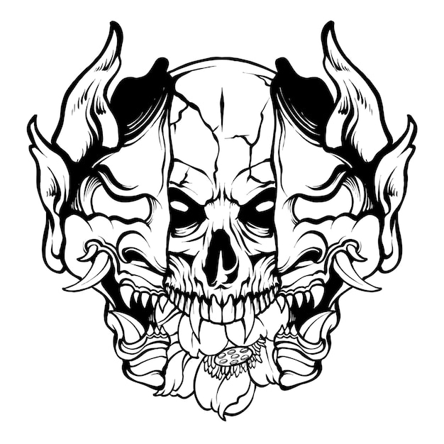 Vector, blanco y negro, cráneo, dentro, de, hannya, máscara, japonés