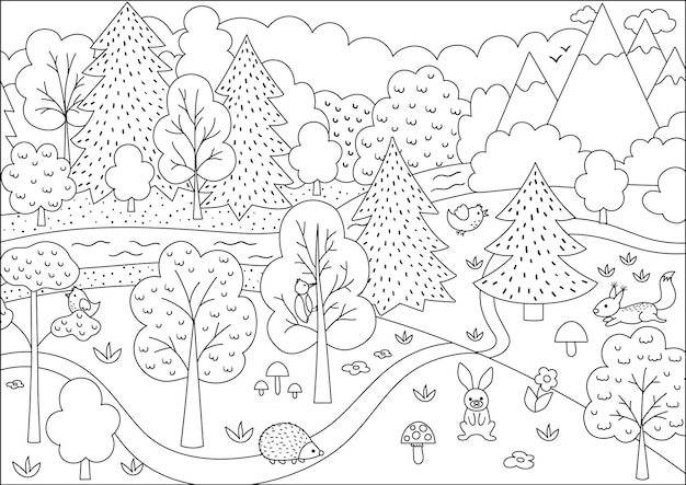 Vector blanco y negro escena de bosque salvaje con árboles montañas animales aves línea de primavera o verano paisaje forestal con flores plantas setas paisaje de naturaleza silvestre o página de colorear xA