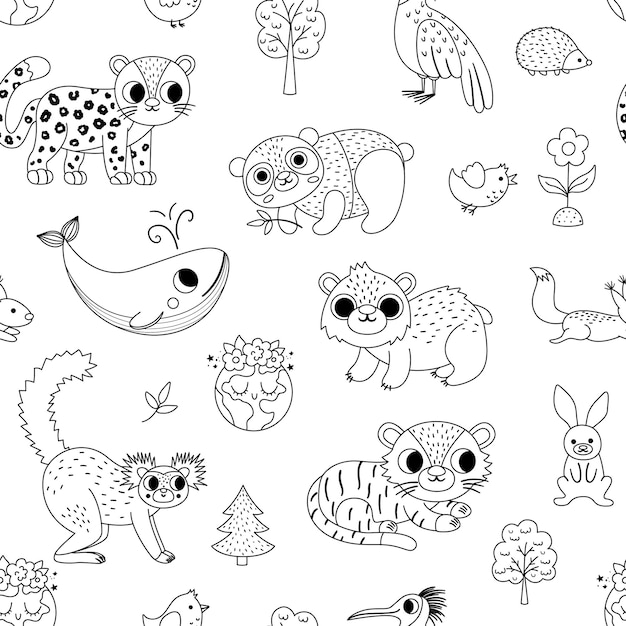 Vector blanco y negro especies en peligro de extinción de patrones sin fisuras Lindos animales extintos repiten fondo Divertido papel digital o página para colorear para niños con leopardo ballena oso polar pandaxA