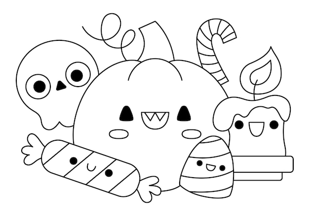 Vector, blanco y negro, kawaii, calabaza, con, dulces, cráneo, y, vela, halloween, línea, escena, con, lindo, postres, día de todos los santos, ilustración, divertido, truco o trato, fiesta, colorear, página, para, niños