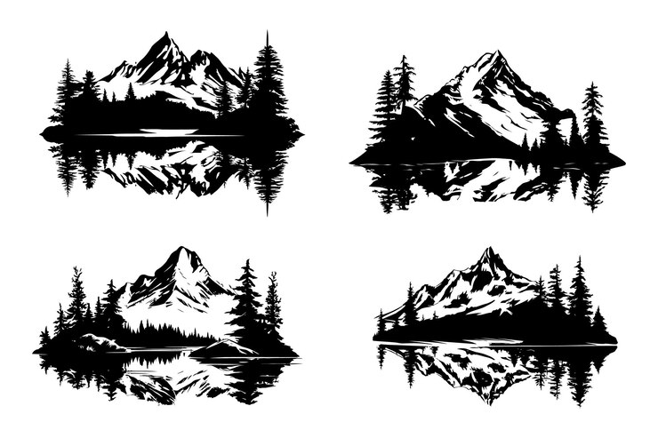 Vector un vector en blanco y negro de un lago de montaña con el logotipo de la montaña y el conjunto de iconos