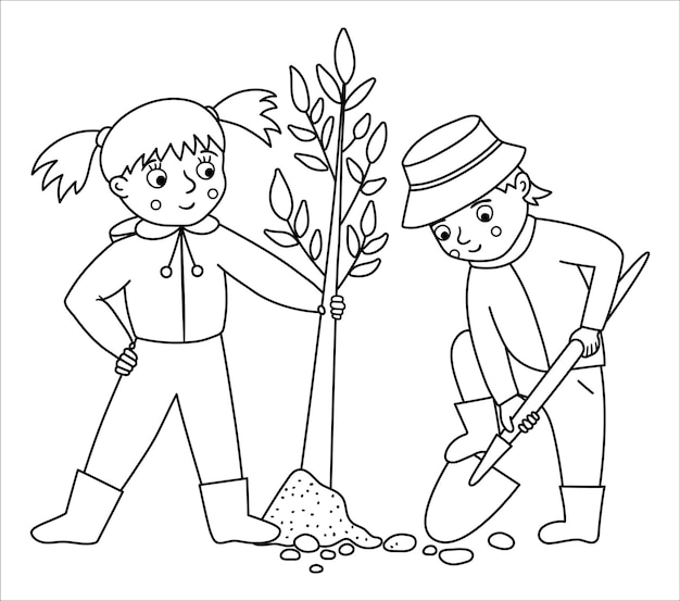 Vector blanco y negro niños plantando árboles ilustración lindo contorno niños haciendo trabajo de jardín niño cavando tierra con pala imagen de línea de actividad de jardinería de primavera o página para colorear xa