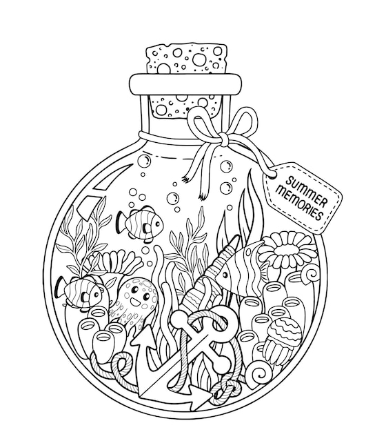 Vector blanco y negro Página de libro para colorear para adultos Vida submarina en una botella de vidrio criaturas marinas algas y conchas para recuerdos de verano