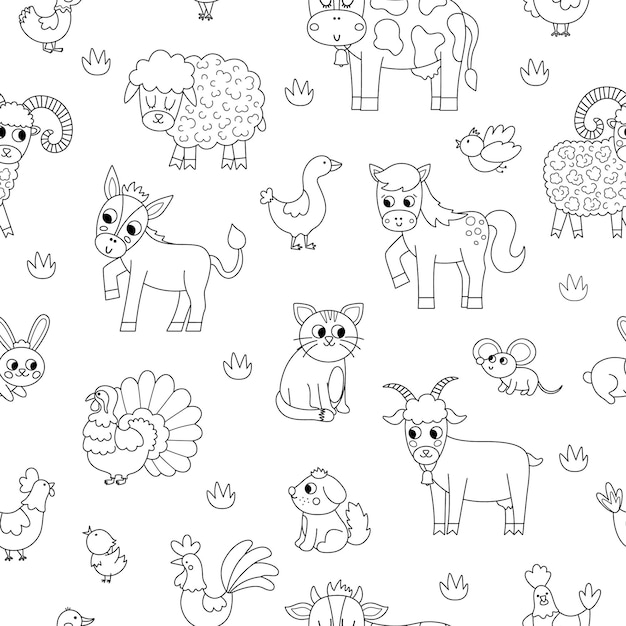 Vector blanco y negro de patrones sin fisuras con animales de granja y aves Esquema repetir fondo con vaca caballo cabra oveja pato gallina cerdo Campo rural papel digital o página para colorearxA