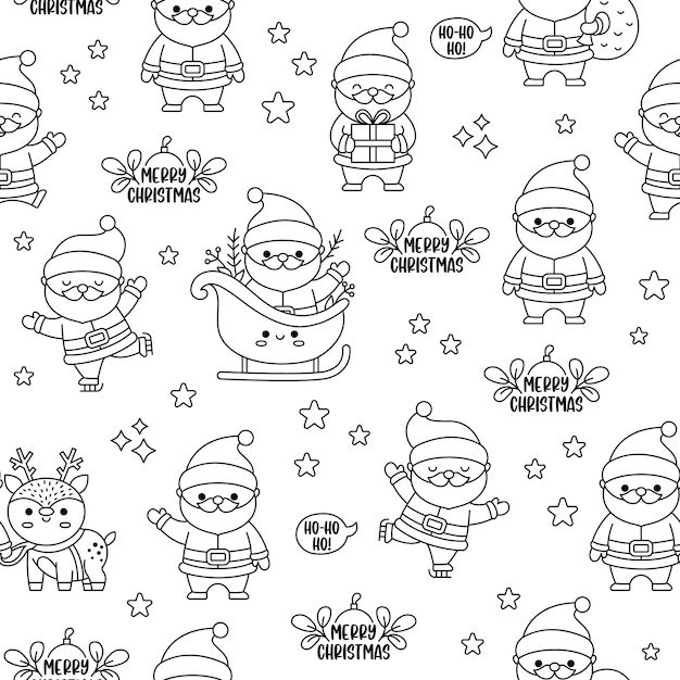 Vector blanco y negro de patrones sin fisuras con kawaii Santa Claus Lindo fondo repetido con Santa presente saco Padre Frost línea papel digital Navidad invierno Año nuevo página para colorear