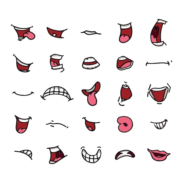 Vector de bocas en diferentes posiciones. Con dientes, lengua, sonriendo, enfado, abierto, hablando, etc.