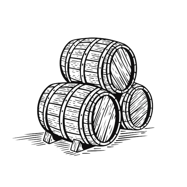 Vector de boceto de contorno de estilo de grabado de tres barriles monocromo.