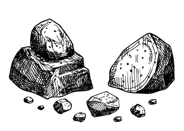 Vector de boceto de piedras Rocas guijarros piedra rocosa natural grumo de pizarra grabado a mano dibujado en retro