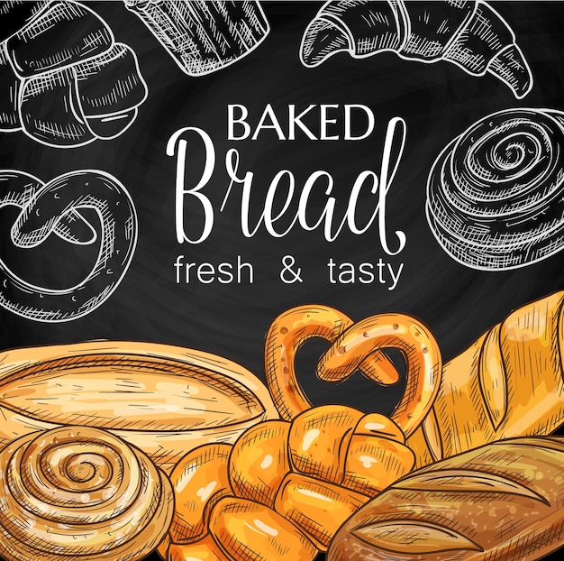 Vector vector de boceto de pizarra de pan y pasteles horneados