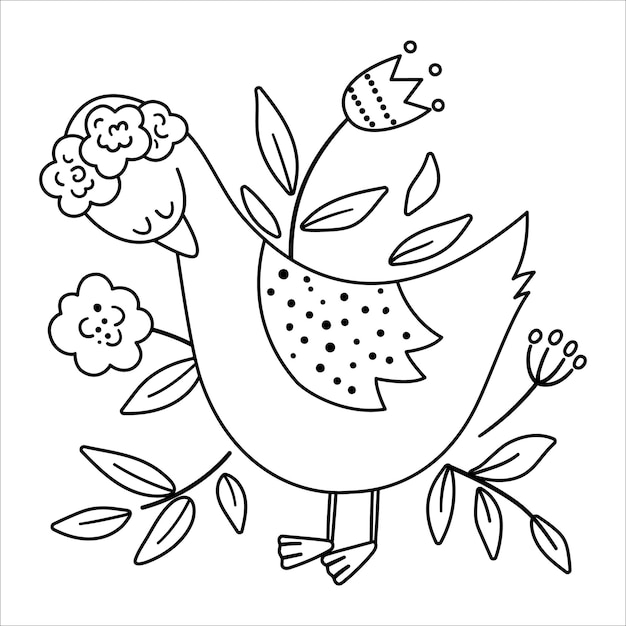 Vector bohemio ganso con flores en la cabeza Pájaro blanco y negro del bosque aislado sobre fondo blanco Composición floral del bosque bohemio con animales Bosque para colorear páginaxA