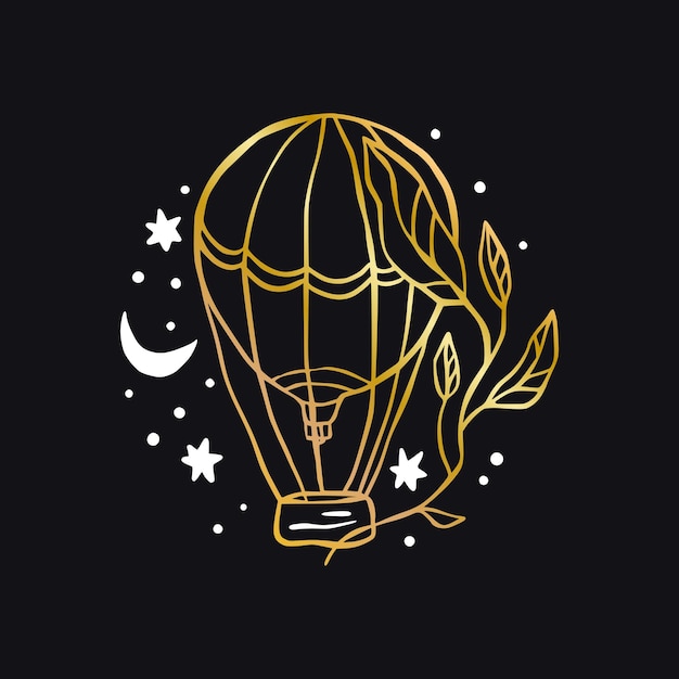 Vector boho aire globo celestial icono - estrella y luna logo dorado