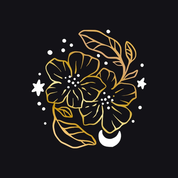 Vector boho flor celestial icono - estrella y luna logo dorado