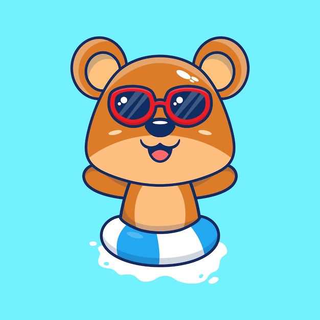 Vector bonito oso de peluche con gafas de sol flotando con estilo de dibujos animados plano nadando