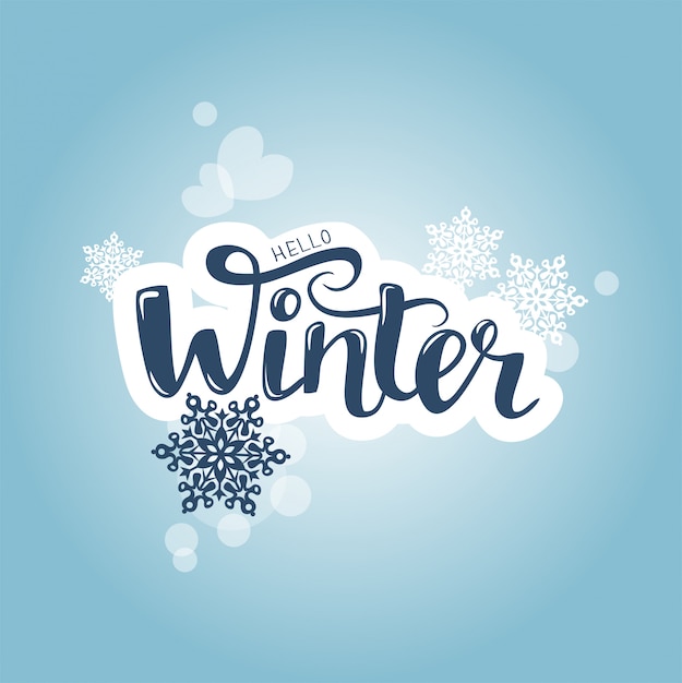 Vector borrosa azul con texto tipográfico Hola invierno con copos de nieve.