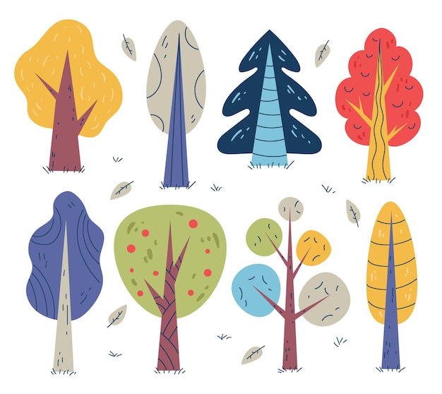 Vector bosque árbol plano dibujado a mano doodle dibujos animados estilo moderno conjunto aislado