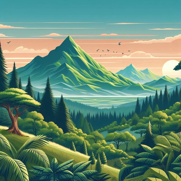 vector de un bosque con montañas y árboles