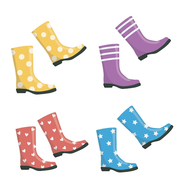 Vector de botas de goma botas de goma de colores conjunto de iconos vectoriales botas de lluvia ilustración de dibujos animados aislado sobre fondo blanco