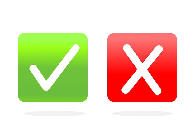 Vector de botones listo y cancelar. Icono de marca de verificación y X. Icono verde y rojo OK y X