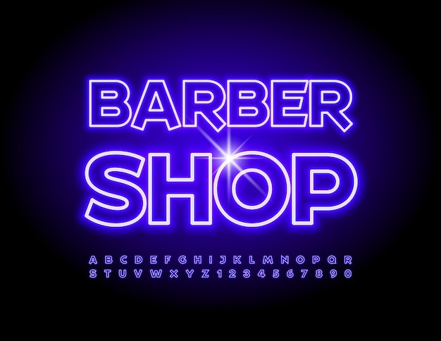 Vector brillante Banner Barber Shop Fuente de neón única Conjunto de letras y números del alfabeto que brilla intensamente