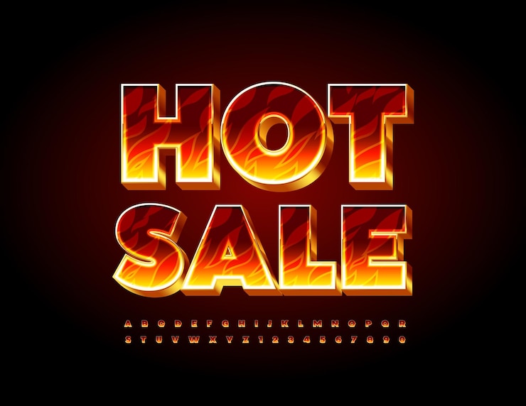 Vector vector brillante banner venta caliente burning 3d font flaming alphabet letters and numbers set