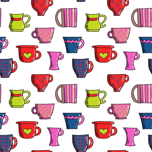 Vector vector brillante colorido patrón sin costuras de tazas piruletas y caramelos en estilo doodle