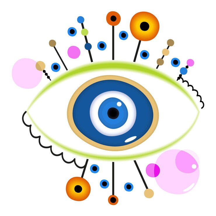 Vector vector brillante ilustración del mal de ojo con decoración aislada sobre fondo blanco.
