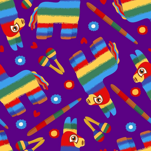 Vector brillante patrón transparente con coloridas piñatas y maracas sobre fondo púrpura