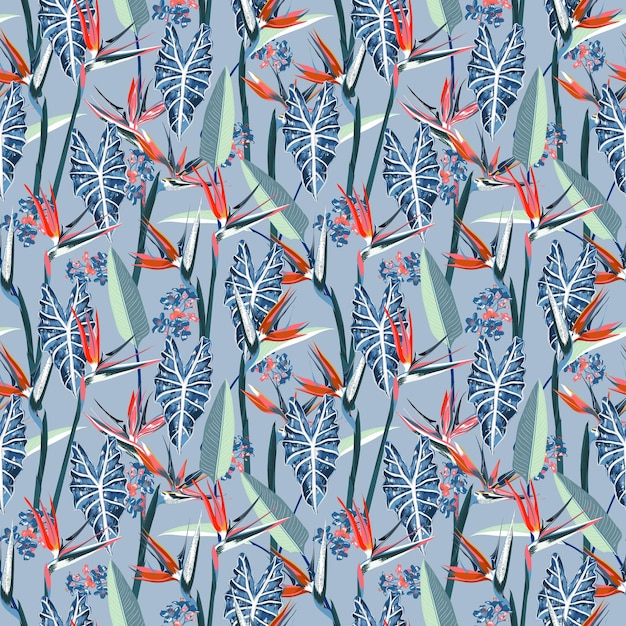 Vector brillante patrón tropical de verano sin costuras Follaje de la selva Ave del paraíso hojas de palma pequeñas flores silvestres Diseño para tela de moda textil papel pintado cubierta web envoltura y todas las impresiones
