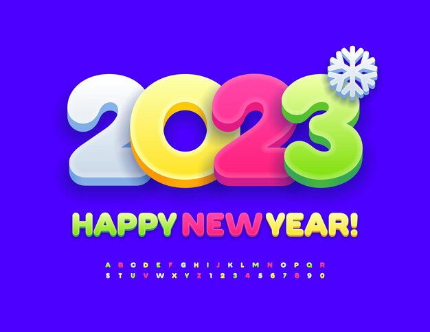 Vector brillante tarjeta de felicitación ¡Feliz Año Nuevo 2023! Fuente divertida colorida. Letras del alfabeto de moda