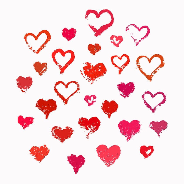 Vector Brush Strokes Hearts Set Pintura textura diseño grunge Forma del contorno elementos de diseño graciosos Para tarjeta de San Valentín adhesivo de bandera de saludo Fondo romántico dibujado a mano para tarjeta de san Valentín