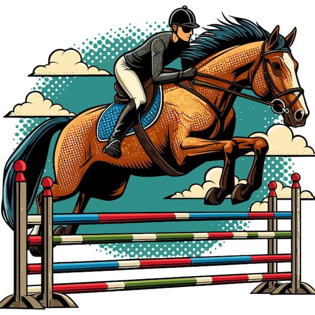 Vector de caballos saltando sobre obstáculos en el estilo del arte pop