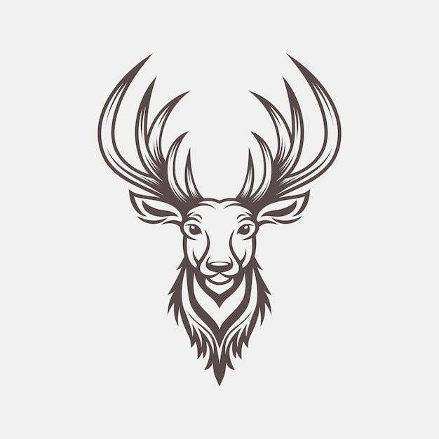 Vector Cabeza de ciervo con cuernos Anillos dibujado a mano Retrato en blanco y negro de renos con contorno Modelo de diseño de vista delantera para cazadores de vida silvestre Hipster Concepto de Navidad y Año Nuevo