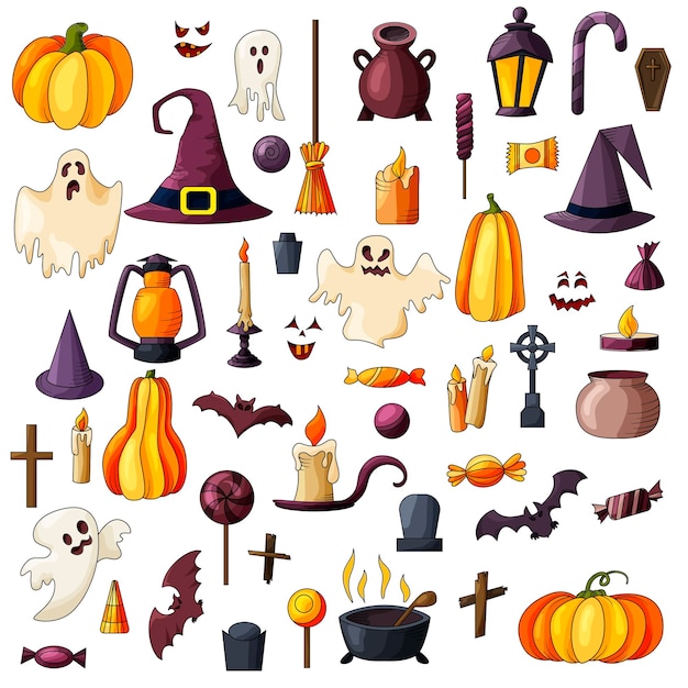 Vector de cabra, calabaza, iconos de sombrero. Conjunto de elementos hallowen. Ilustración espeluznante.
