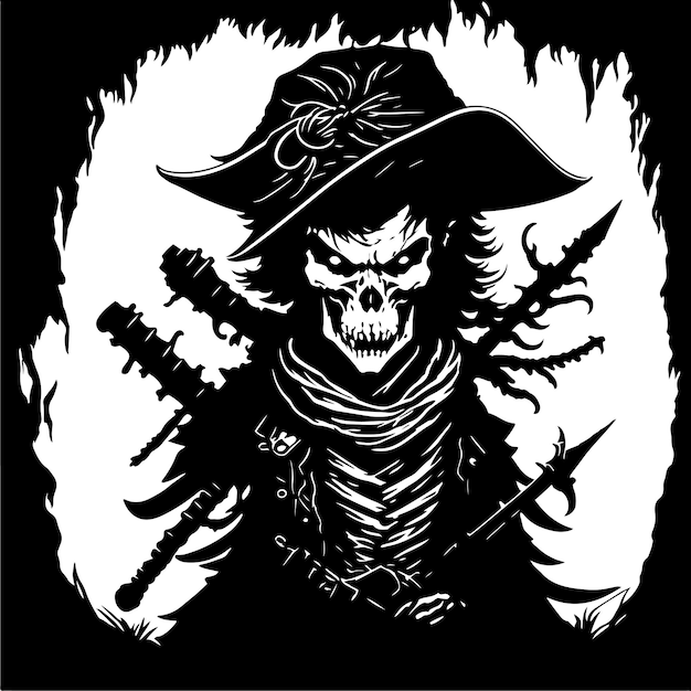 Vector de calavera de capitán Ilustración de contorno negro vectorial de calavera pirata sobre fondo blanco