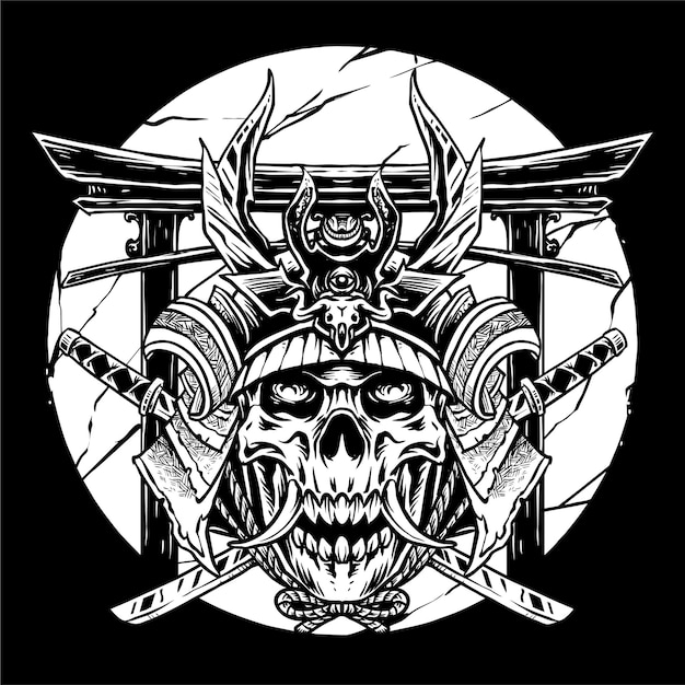 Vector de calavera con guerrero samurai japonés