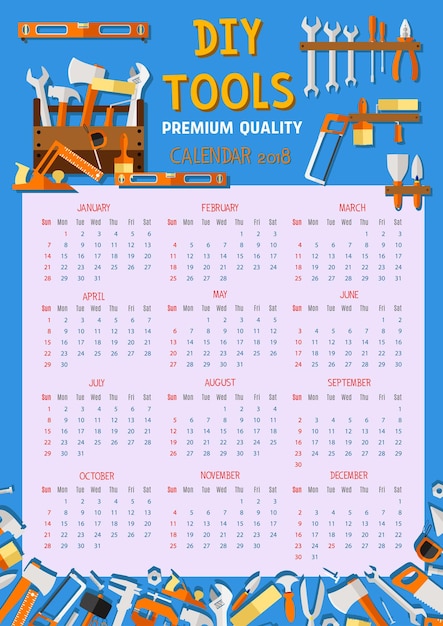 Vector calendario 2018 herramientas de trabajo de renovación de casa