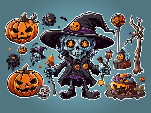 Vector camiseta diseño ilustración kawaii esqueleto celebrando halloween alto detalle